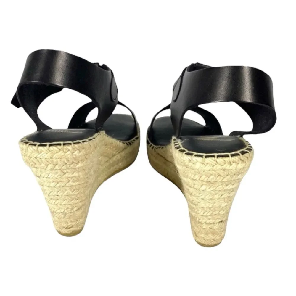 PASEART Black Leather Strappy Espadrille Wedges Made In Spain EU 38 US 7 Medium